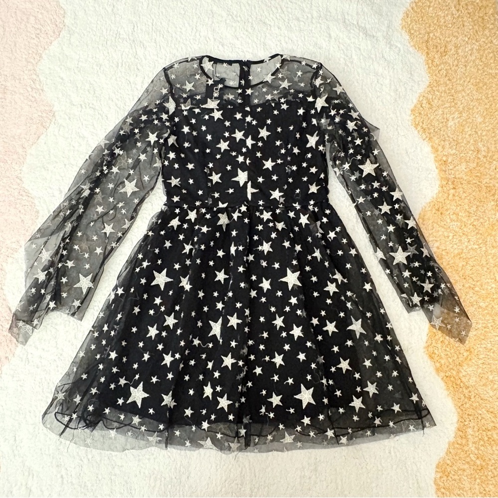 NEW ASOS BOOHOO Black Silver Embroidered Star Tulle Long Sleeve Dress - Picture 4 of 6